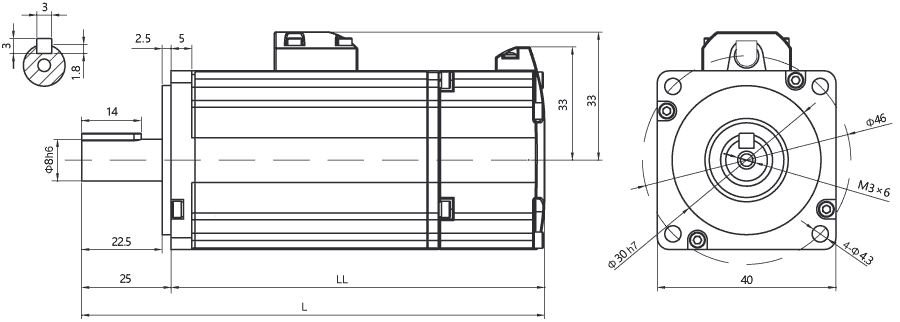 Dimensions of AC servo motor EM3A-01