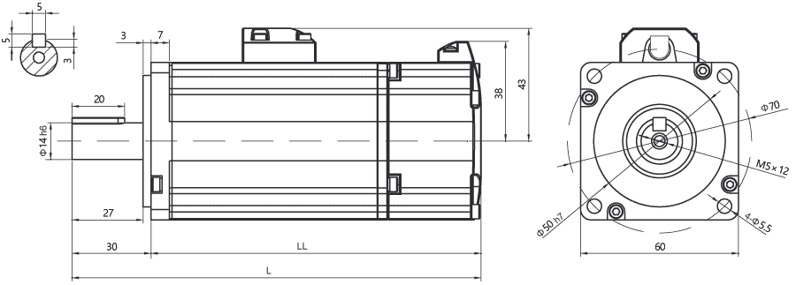 Dimensions of AC servo motor EM3A-04