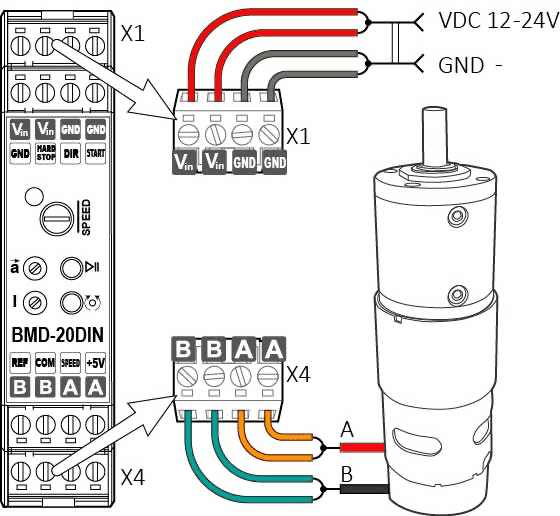 Connection of DC brush motor controller BMD-20DIN ver.2