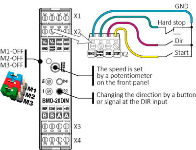 DC brush motor speed control using an internal potentiometer. Connection diagram
