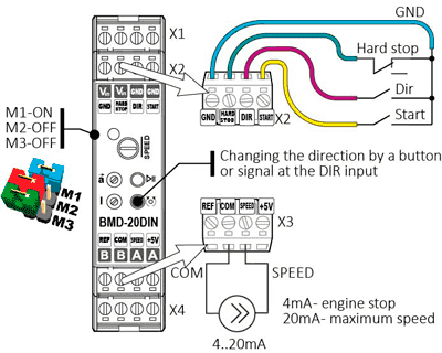 DC brush motor speed control using analog signal 4...20 mA. Connection diagram
