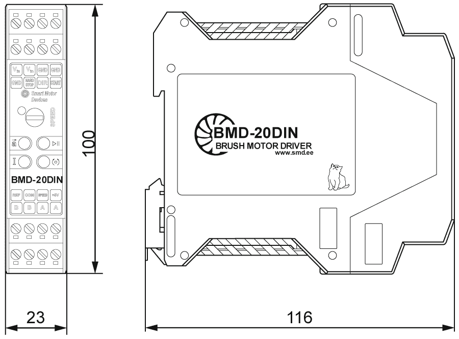 Dimensions of DC brush motor controller BMD-20DIN