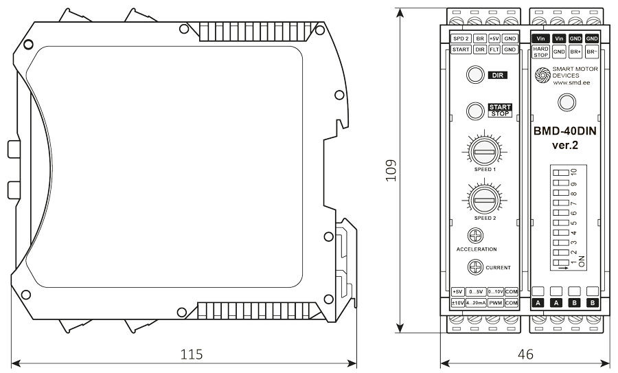 Dimensiones del controlador de motor CC cepillado BMD-40DIN ver.2