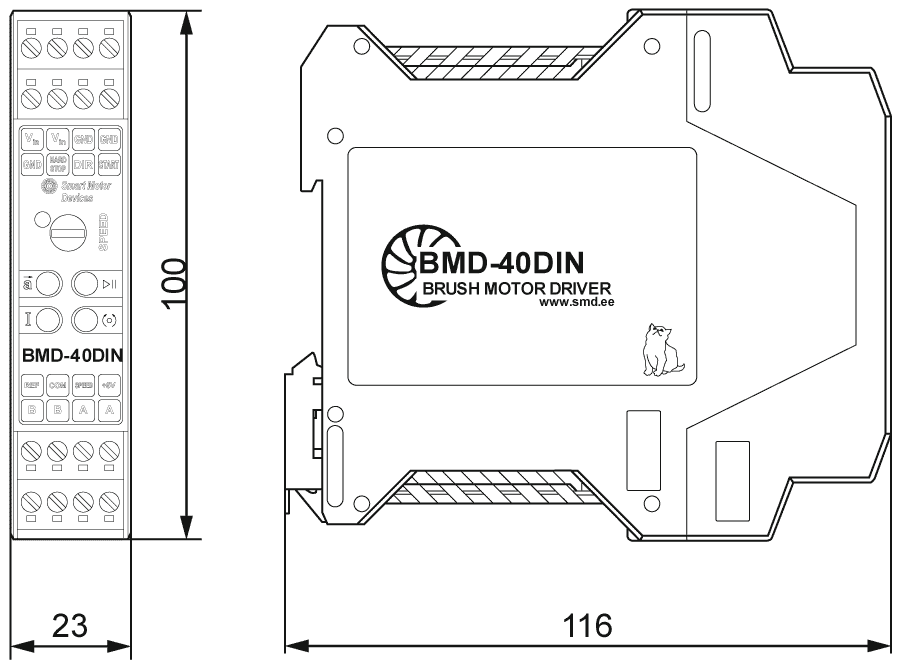 Dimensions of DC brush motor controller BMD-40DIN