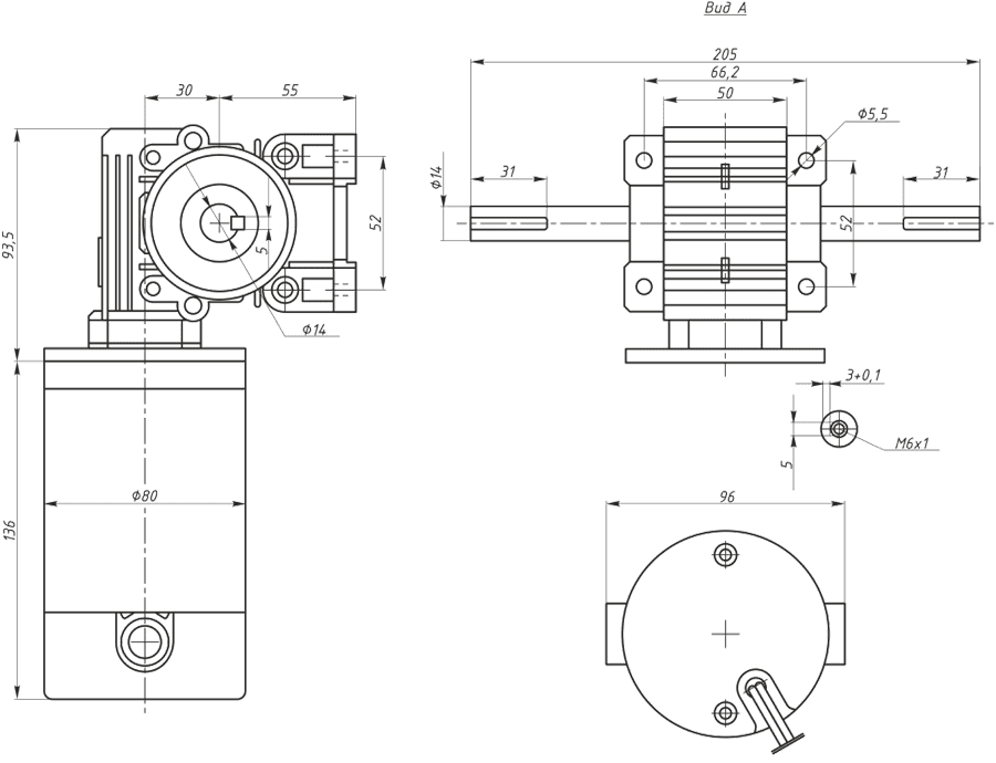 Dimensions of brush DC gearmotor SM7152W