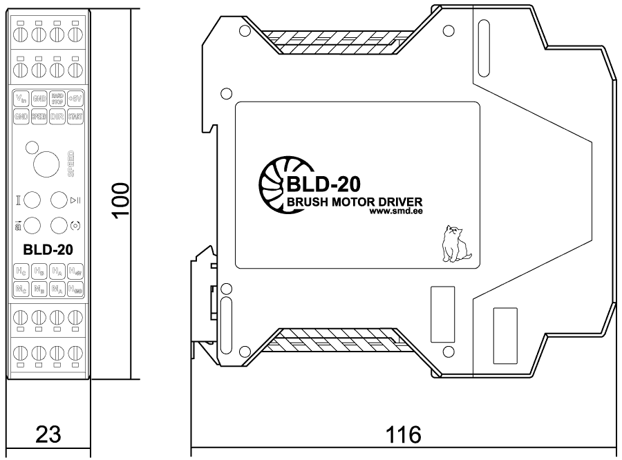 Dimensions of brushless DC motor controller BLD-20DIN
