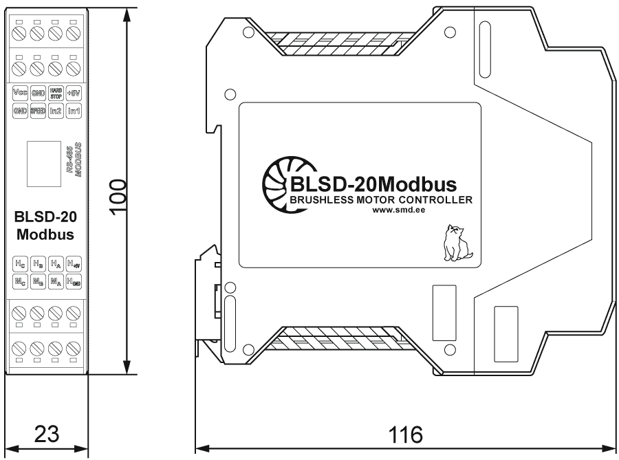 Dimensions of brushless DC motor controller BLSD-20Modbus