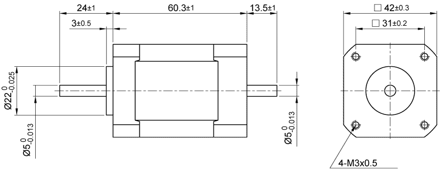 Dimensions of brushless DC motor DB42M03