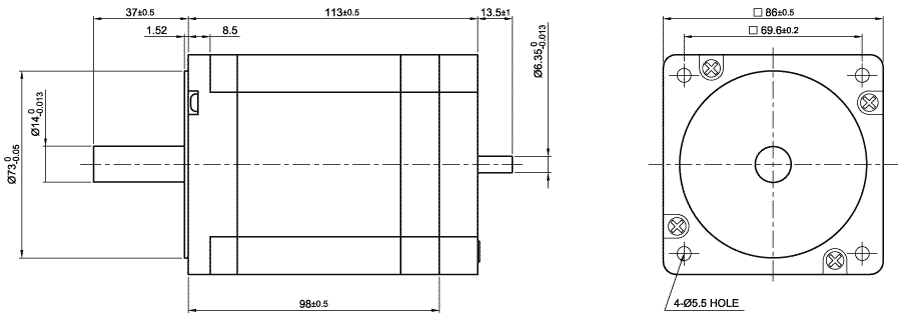 Dimensions of brushless DC motor DB87M01-S