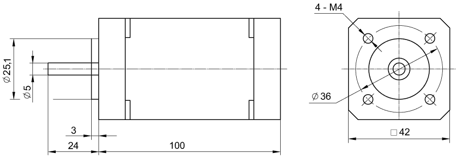 Dimensions of brushless DC motor SM42L100