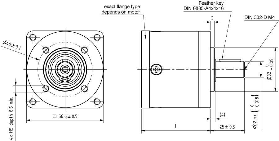 Dimensions of GP56 with standard bearings for NEMA 23 and NEMA 24 motor sizes