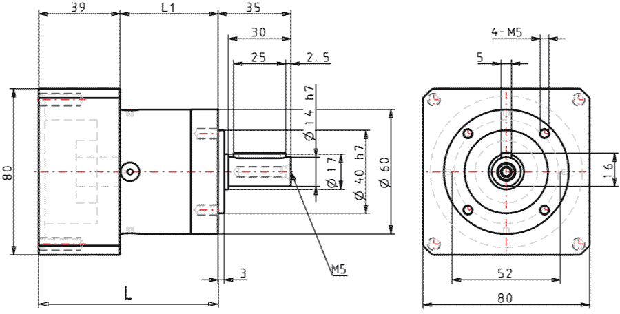 Dimensions of GPLE60 for NEMA 34 motor size