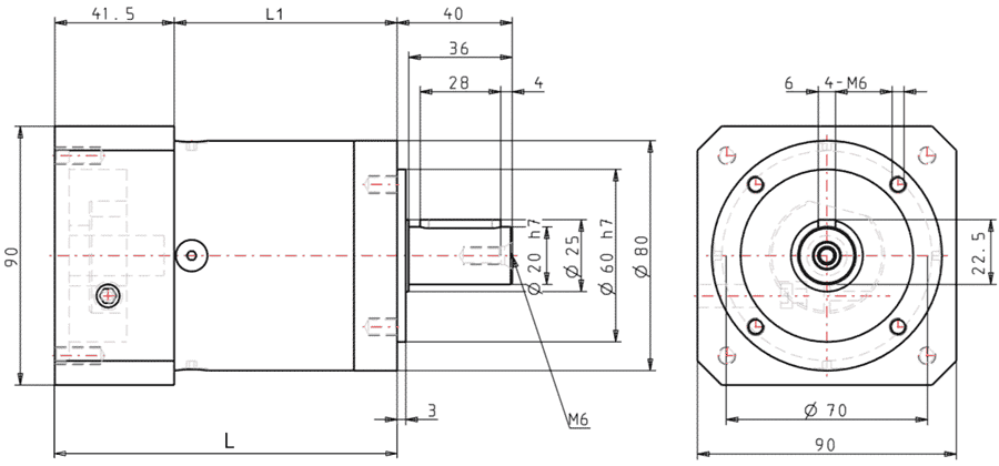 Dimensions of GPLE80 for NEMA 34 motor size
