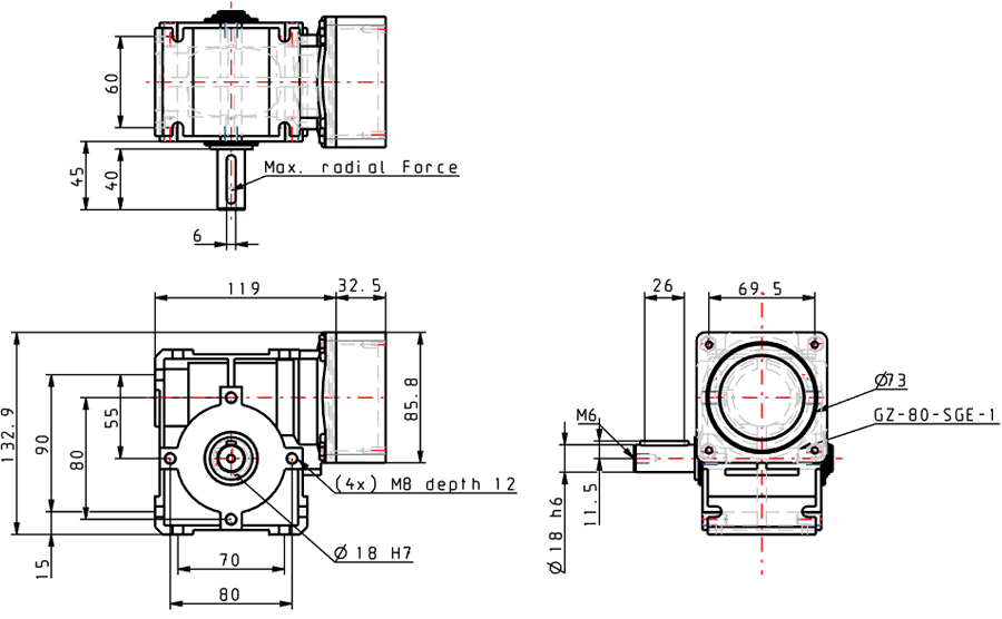 Dimensions of worm gearbox GSGE80