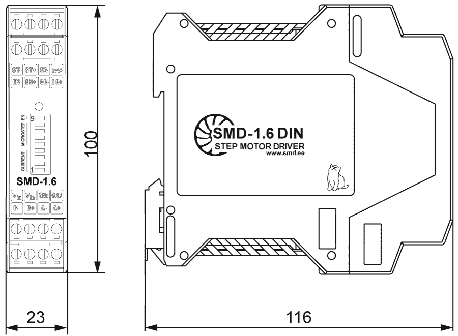 Dimensions of stepper motor driver SMD-1.6DIN