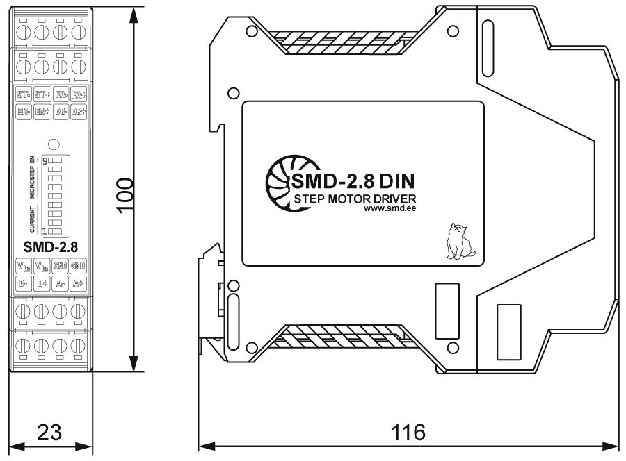 Dimensions of stepper motor driver SMD-2.8DIN