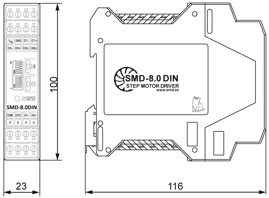 Dimensions of stepper motor driver SMD-8.0DIN ver.3