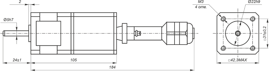 Dimensions of stepper motor SM4247 with integrated controller SMD-1.6mini IP65