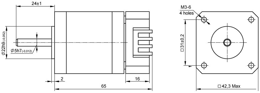 Dimensions of stepper motor SM4247 with integrated controller SMD-1.6mini ver.2