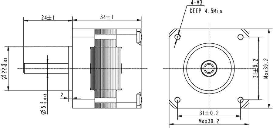 Dimensions of stepper motor FL39ST34-0306A