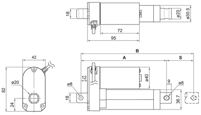 Dimensions of linear actuators LD3-12-20-K3